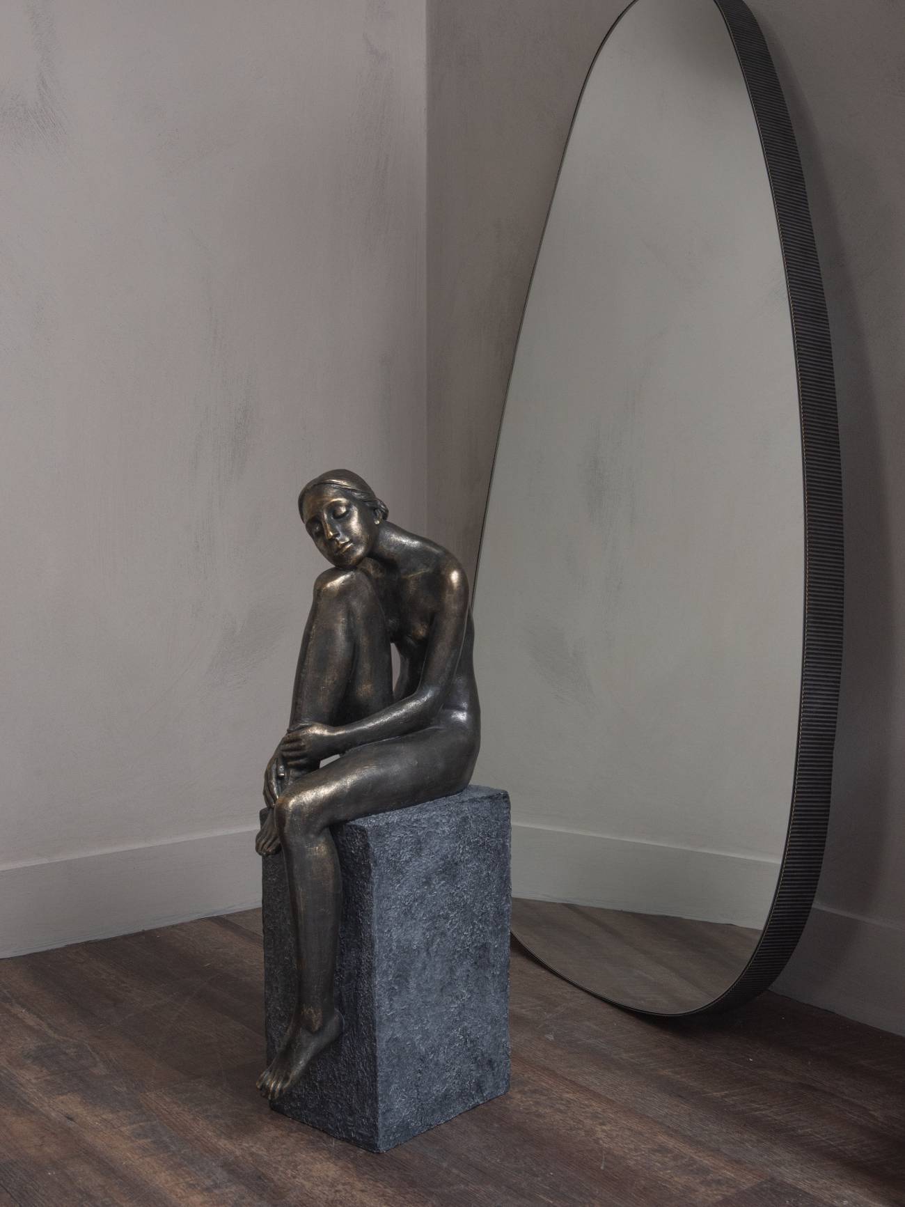 Antique Bronze Thinking Lady Floor Standing XL Sculpture
